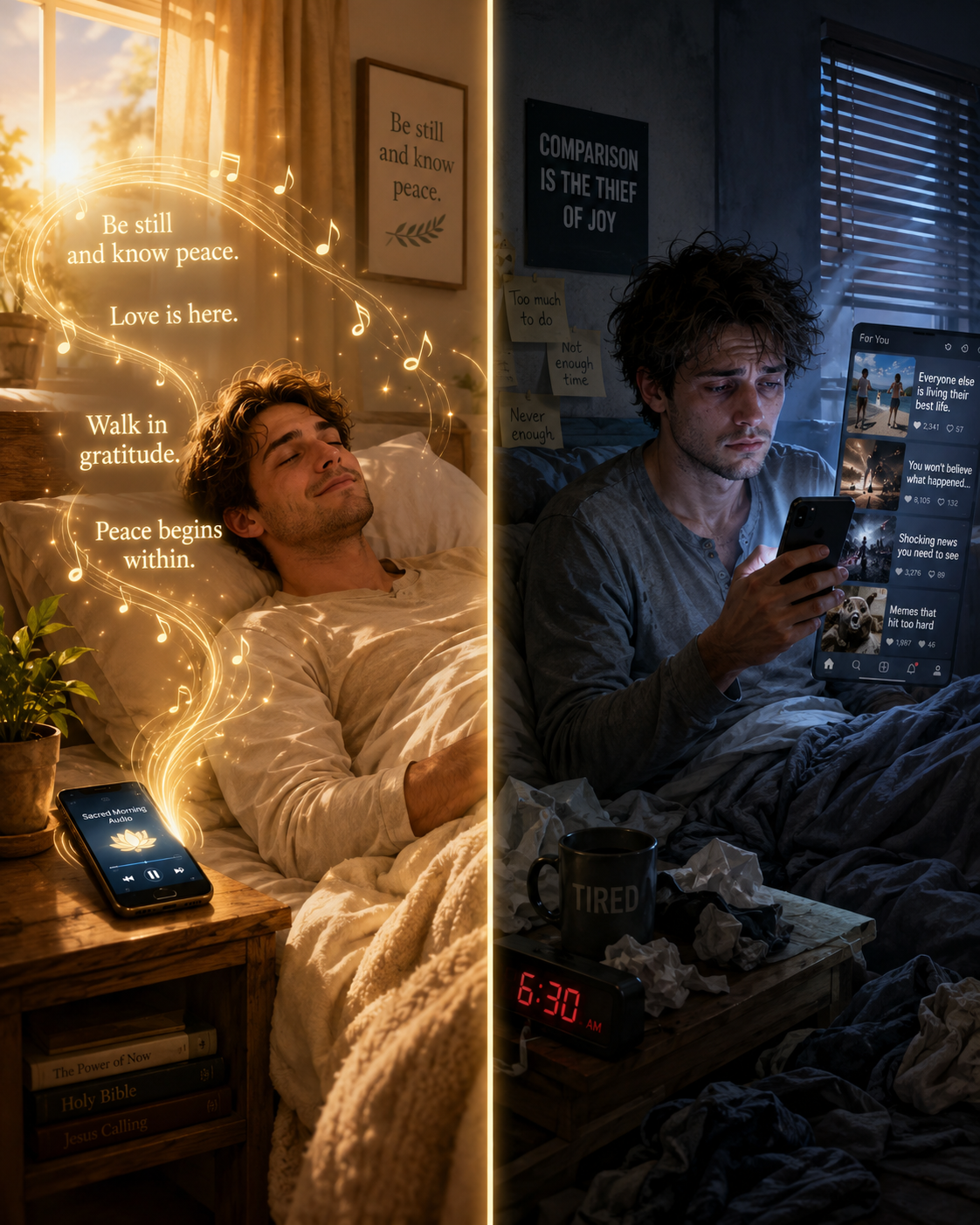 Two mornings compared: waking with spiritual wisdom versus waking to doomscrolling